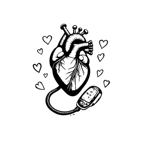Illustration of a heart connected to a medical device, surrounded by love hearts. Symbolizes heart health monitoring and technology playing a role in wellness.のイラスト素材