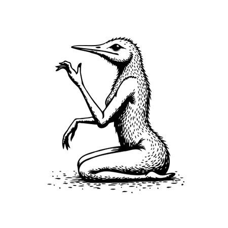 A surreal monochrome illustration depicts a fantastical creature blending avian and human traits in a peculiar and imaginative style. This unique artwork evokes myth and fantasy.のイラスト素材