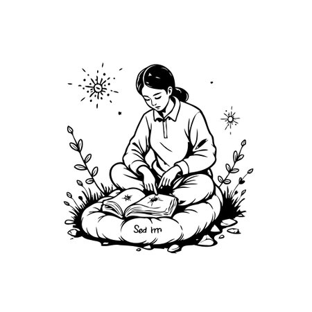 A young woman sits peacefully on a cushion, engrossed in a book, surrounded by nature, promoting relaxation and inner peace. This black and white illustration embodies serenity and the joy of readingのイラスト素材
