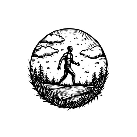 A monochrome illustration shows a man walking on a path surrounded by nature and clouds, creating a sense of adventure and tranquility.のイラスト素材