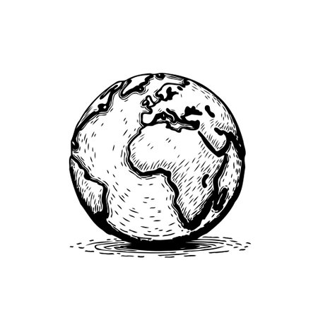 A hand-drawn illustration of the Earth, showing continents and oceans. This simple sketch style is perfect for design, education, or travel-related projects.のイラスト素材