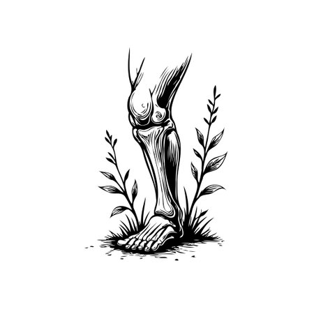 This is a black and white engraving of a human leg, showing the bones and surrounded by grass and plants. It would be great for medical or scientific use.のイラスト素材