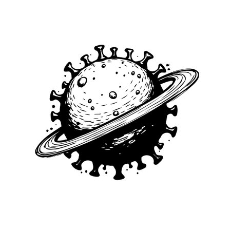 Conceptual black and white illustration of the coronavirus pandemic transforming Earth into a virus-like planet, symbolizing the global health crisis.のイラスト素材