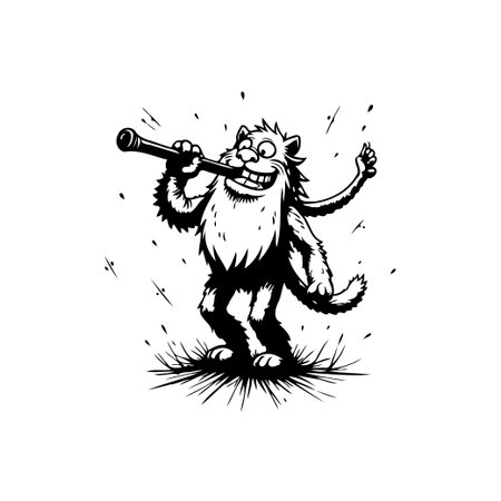 A whimsical cartoon illustration shows a jovial cat character playfully holding a telescope with joyful expressions. The black-and-white style creates a unique graphic design.のイラスト素材