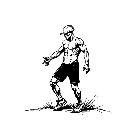 A monochromatic illustration showcases a muscular construction worker, epitomizing strength, labor, and dedication. Vector artwork highlighting fitness and hard work.のイラスト素材