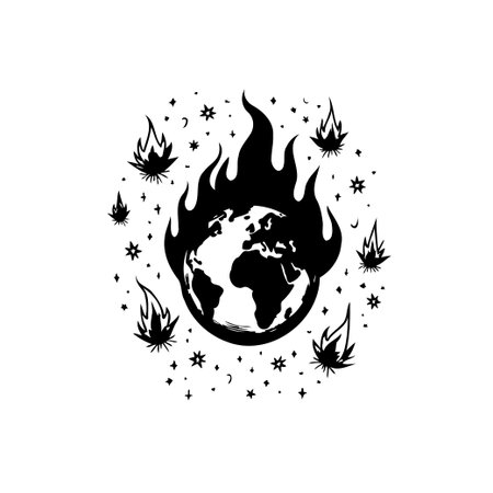 The image depicts a monochrome illustration of planet Earth engulfed in flames, symbolizing global warming and environmental issues. Stars surround the globe, enhancing the graphic design.のイラスト素材