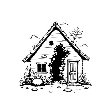 A hand-drawn illustration of a dilapidated house overgrown with vegetation and a crumbling facade, conveying a sense of abandonment and decay in a monochrome style.のイラスト素材
