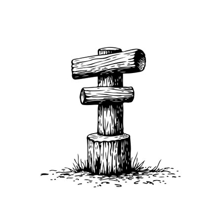 A black and white hand drawn illustration of a rustic wooden signpost, ideal for nature-themed designs. This graphic adds a vintage touch to any project.のイラスト素材