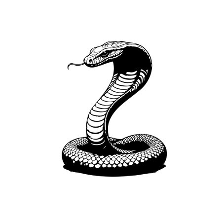 This monochrome image presents a detailed illustration of a cobra snake. Emphasizing its distinct hood, scale texture, and coiled posture, this drawing captures the creature's exotic nature and inherent danger.のイラスト素材