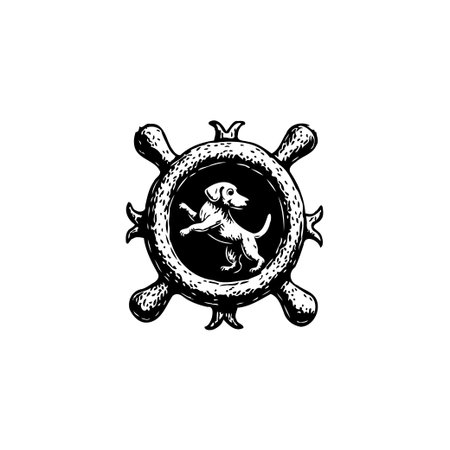 A vintage dog emblem illustration showcases a classic animal design. The circular frame with ornate details adds to its timeless appeal. Perfect for retro-themed designs or heraldic inspired projects.のイラスト素材