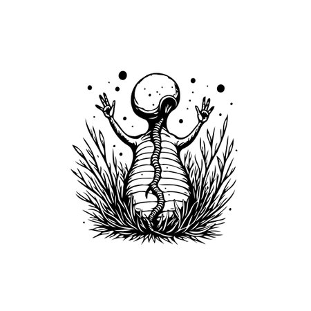 An eerie creature emerges from the wild grass, evoking a sense of mystery and cosmic ambiance. The artistic illustration is perfect for fantasy or supernatural themes.のイラスト素材