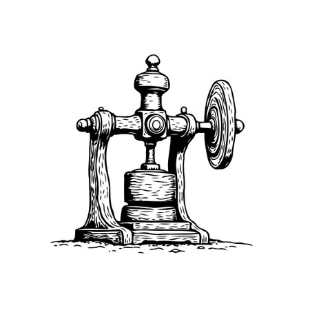 A vintage engraving illustration depicts a mechanical press machine, showcasing industrial design from the past. The artwork features intricate details and a classic aesthetic, evoking a sense of historical technology.のイラスト素材
