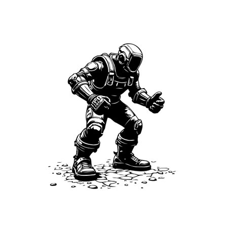 A black and white drawing features a futuristic warrior standing on the ground. The warrior is ready for combat. It shows protection and the powerful defense.のイラスト素材