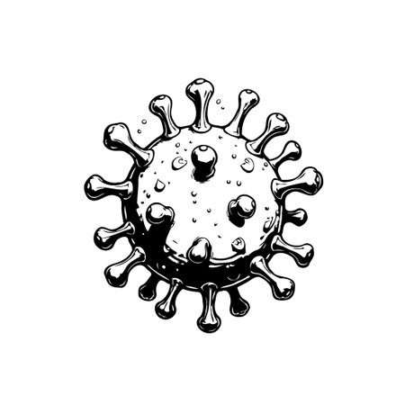 Monochrome illustration showing the structure of coronavirus. Perfect for medical or educational content related to viruses, diseases, and pandemic.のイラスト素材