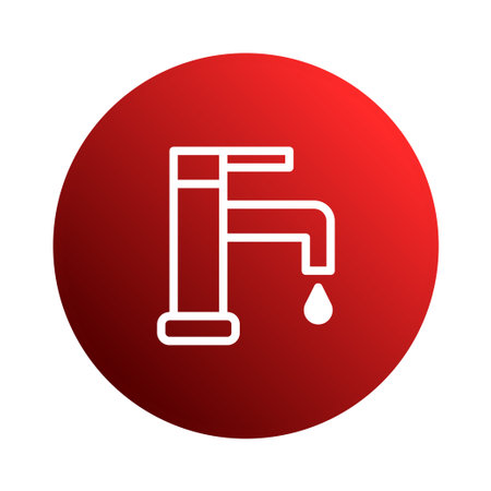 This clean and modern illustration showcases a simple faucet icon with a water drop on a vibrant red gradient background. Perfect for plumbing related projects.のイラスト素材