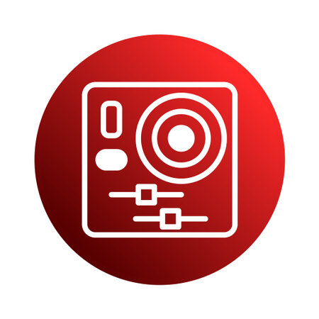 A minimalist white camera icon sits inside a red circle, representing photography and videography equipment for creative projects. It is a simple and modern design.のイラスト素材