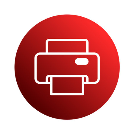 Illustration of a printer icon with a white outline, displayed on a round red background, suitable for use as a symbol for printing or document output.のイラスト素材
