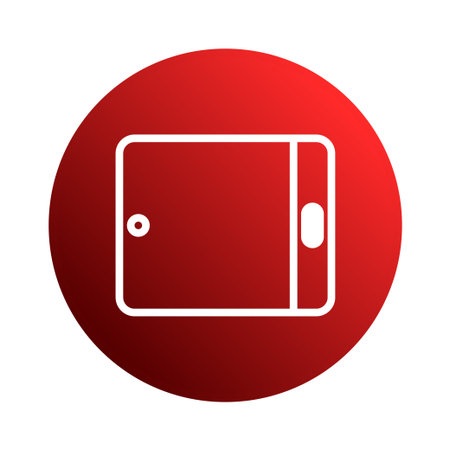A vibrant red circle containing a white tablet icon symbolizes modern technology and digital communication. The clean, minimalist design conveys connectivity and innovation.のイラスト素材