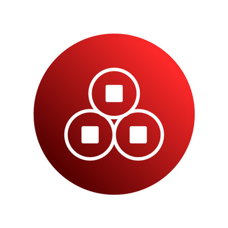 A simple illustration of three Chinese coins stacked on top of each other on a red gradient background. It can symbolize prosperity, good fortune, and wealth.のイラスト素材