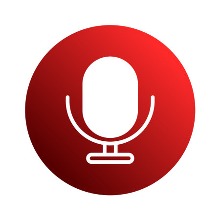 A vibrant red gradient circle contains a microphone icon, representing audio recording, communication, and broadcasting, symbolizing modern technology.のイラスト素材