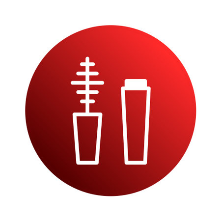 A minimalist mascara icon featuring a brush and container, set against a vibrant red gradient circle. Perfect for beauty product presentations.のイラスト素材