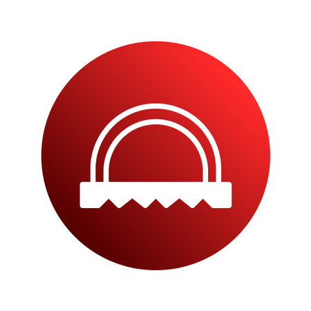 This image presents a circular saw icon, rendered in white against a striking red circular backdrop, suitable for various projects related to woodworking and construction.のイラスト素材