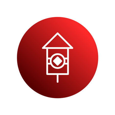 A minimalist illustration of a white birdhouse icon set against a red circle, perfect for simple design projects and creative presentations.のイラスト素材