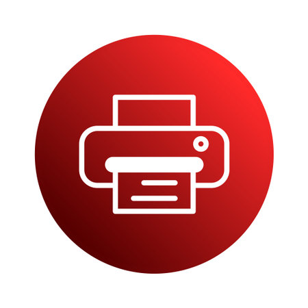 A simplistic white printer icon on a red gradient circular background. Ideal for digital platforms and interfaces, representing printing technology and office automation.のイラスト素材