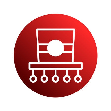 This image showcases a stylized depiction of a pendulum wave demonstration, set within a circular red gradient background. The design is minimalist, conveying concepts of physics, motion, and scientific exploration.のイラスト素材