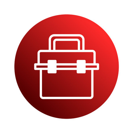 An toolbox icon in white lines is centered on a vibrant red circle. Representing repair, maintenance, and support of equipment in an industrial setting.のイラスト素材