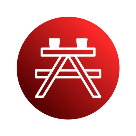 A minimalist icon featuring a picnic table in white lines set against a red gradient circle, symbolizing outdoor dining, leisure activities, and simple pleasures.のイラスト素材