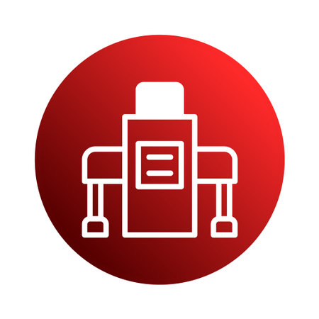 A stylized vector icon of an automated machine, presented within a vibrant red circle. Representing technological advancement and industrial automation, the design is clean and modern.のイラスト素材