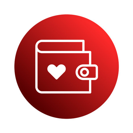 Minimalistic wallet icon with a heart symbol, set against a gradient red circle background. This visual represents love, financial support, and charitable giving.のイラスト素材