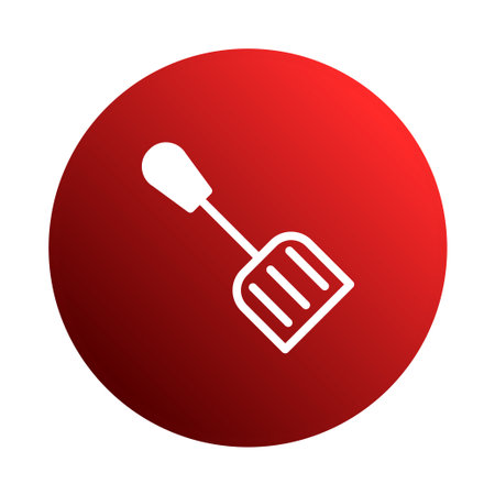 A minimalist white kitchen utensil icon, possibly a spatula, is set against a vibrant red circular background, providing a clean and modern design.のイラスト素材