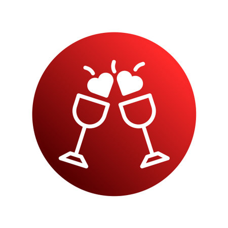 A stylish graphic illustration shows two white wine glasses clinking together, with hearts above, set against a vivid red circle, perfect for celebrations and romantic occasions.のイラスト素材