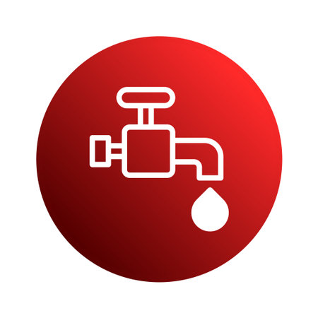 A simple graphic featuring a water tap with a dripping drop on a red circle background, ideal for representing water conservation, hygiene, or plumbing related services.のイラスト素材