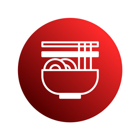 Minimalist icon of a bowl of ramen with chopsticks, set against a vibrant red circular background. Perfect for culinary themes.のイラスト素材