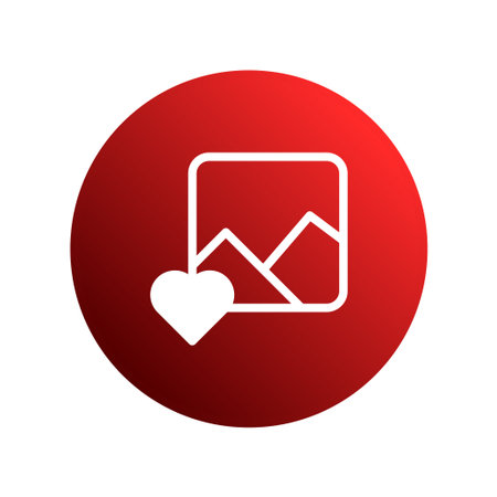 A simple graphic illustration features a white landscape icon paired with a heart symbol, set against a vibrant red circular background. It conveys themes of favorite images.のイラスト素材