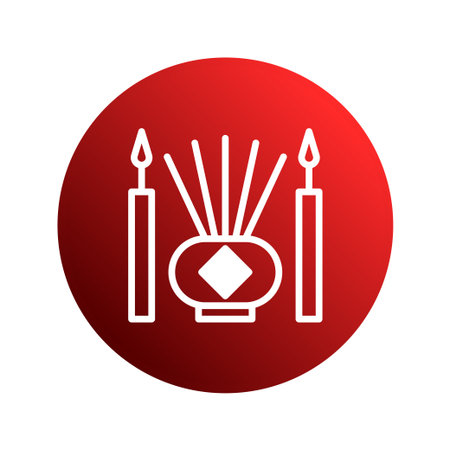 Minimalist design featuring candles, incense sticks in a pot, set against a red gradient background. Perfect as a graphic, symbol, or representing spirituality.のイラスト素材
