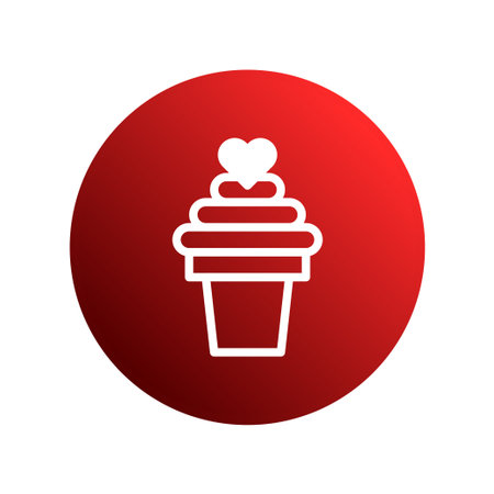 A simple, elegant icon of a cupcake with a heart on top, set against a red circular background. Ideal for expressing affection and sweetness.のイラスト素材