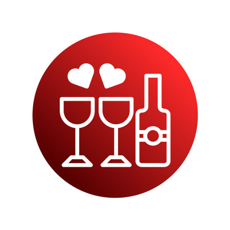 A minimalist vector illustration featuring a wine bottle and two wine glasses adorned with hearts. This design is perfect for themes of love, romance, and celebrations.のイラスト素材