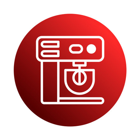 A minimalist white kitchen mixer icon is placed on a gradient red circle background. The image conveys modern cooking and baking concept.のイラスト素材