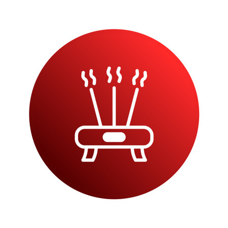 A minimalist vector illustration depicts an incense burner emitting smoke against a red backdrop. Ideal for conveying tranquility, relaxation, or spiritual themes.のイラスト素材