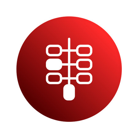 A modern, stylized red icon features a white schematic of an electronic circuit, symbolizing technology and connection. The minimalist design represents innovation and digital systems.のイラスト素材
