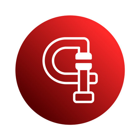 A striking illustration features a white g-clamp on a vibrant red circular background. The image conveys themes of industry, hardware, and mechanical work.のイラスト素材