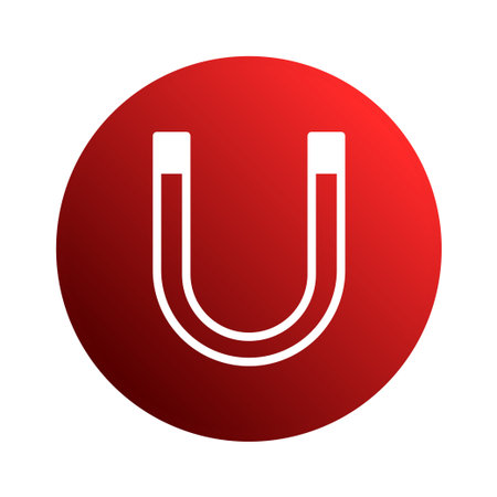 A red gradient circle featuring a white horseshoe magnet illustrates concepts of magnetism and attraction. Perfect for educational materials and scientific presentations.のイラスト素材
