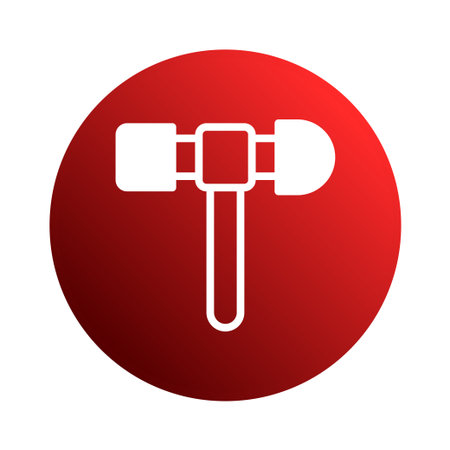 A white hammer icon is depicted against a vibrant red circular background, ideal for representing construction or industrial themes.のイラスト素材