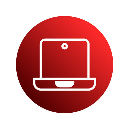 A clean and modern graphic featuring a white laptop icon centered on a vibrant red circle, representing technology, connectivity, and digital communication.のイラスト素材