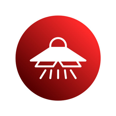 A striking image featuring a white UFO silhouette set against a vibrant red circle background. The design is clean and minimalist, suggesting themes of science fiction, mystery, and technological innovation.のイラスト素材