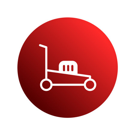A white lawnmower icon sits on a vibrant red background, offering a minimalistic and contemporary visual representation suitable for diverse applications.のイラスト素材